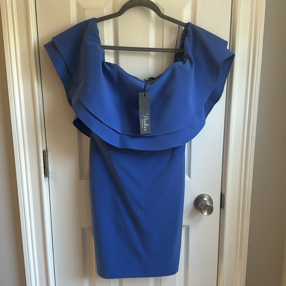 Parker Black Off Shoulder Ruffle Cocktail Dress - Blue New with Tags